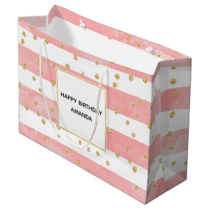 Roze Blush Stripes   Faux Gold Confetti Birthday Groot Cadeauzakje