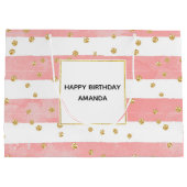 Roze Blush Stripes | Faux Gold Confetti Birthday Groot Cadeauzakje (Achterkant)