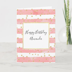Roze Blush Stripes & Faux Gold Confetti Birthday Kaart