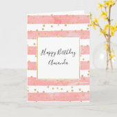 Roze Blush Stripes & Faux Gold Confetti Birthday Kaart (Gele Bloem)
