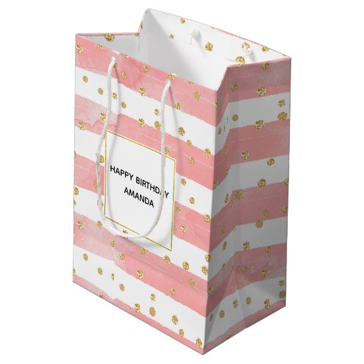 Roze Blush Stripes | Faux Gold Confetti Birthday Medium Cadeauzakje (Achterkant Gekanteld)