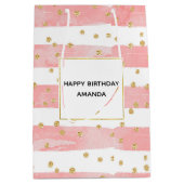 Roze Blush Stripes | Faux Gold Confetti Birthday Medium Cadeauzakje (Voorkant)