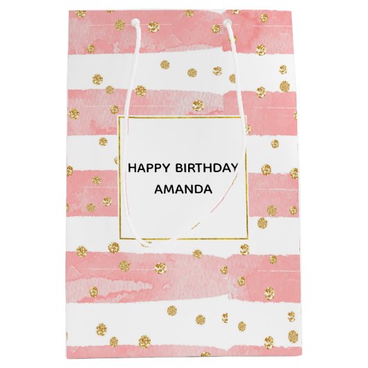 Roze Blush Stripes | Faux Gold Confetti Birthday Medium Cadeauzakje (Voorkant)