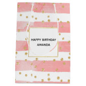 Roze Blush Stripes | Faux Gold Confetti Birthday Medium Cadeauzakje (Achterkant)