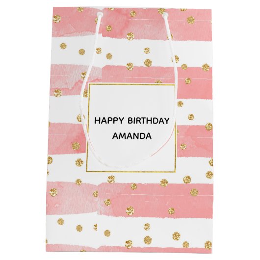 Roze Blush Stripes | Faux Gold Confetti Birthday Medium Cadeauzakje (Achterkant)