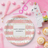 Roze Blush Stripes & Faux Gold Confetti Birthday Papieren Bordje (Feest)