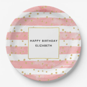 Roze Blush Stripes & Faux Gold Confetti Birthday Papieren Bordje