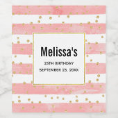 Roze Blush Stripes | Faux Gold Confetti Birthday Wijn Etiket (Enkel label)