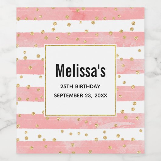 Roze Blush Stripes | Faux Gold Confetti Birthday Wijn Etiket (Enkel label)