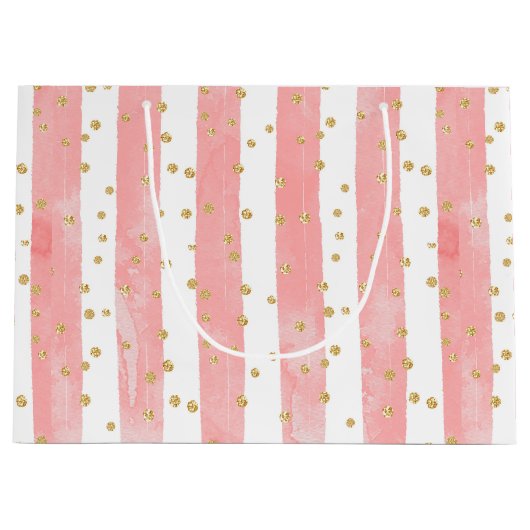 Roze Blush Stripes | Faux Gold Confetti Groot Cadeauzakje (Voorkant)