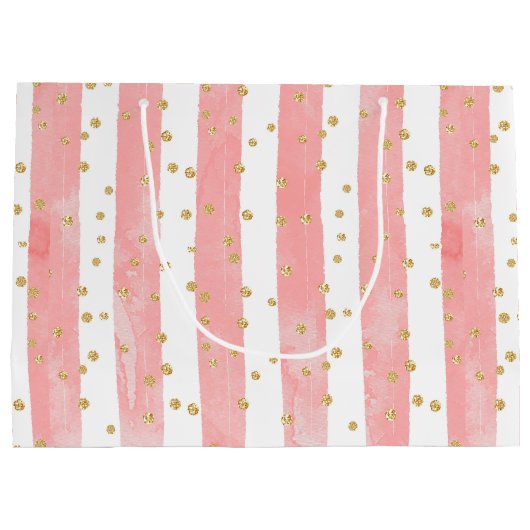 Roze Blush Stripes | Faux Gold Confetti Groot Cadeauzakje (Achterkant)