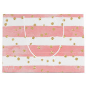 Roze Blush Stripes | Faux Gold Confetti Groot Cadeauzakje (Voorkant)