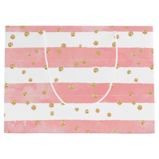 Roze Blush Stripes | Faux Gold Confetti Groot Cadeauzakje (Voorkant)