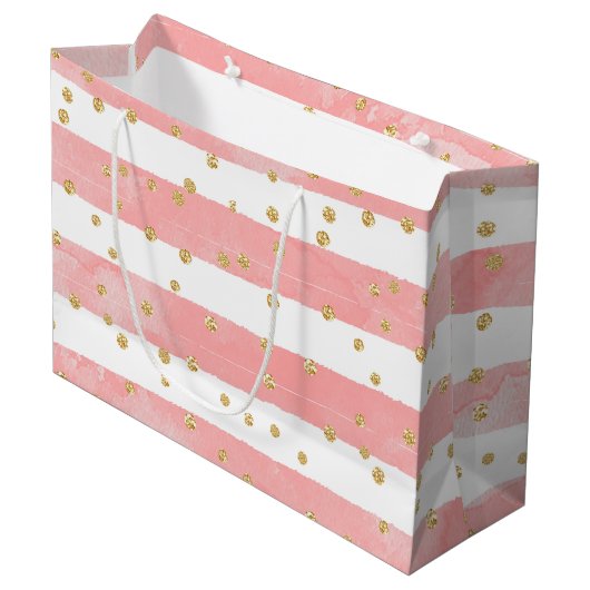 Roze Blush Stripes | Faux Gold Confetti Groot Cadeauzakje (Voorkant Gekanteld)