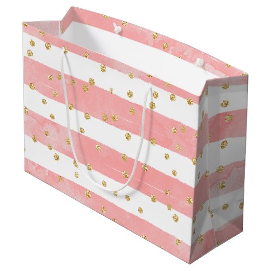 Roze Blush Stripes | Faux Gold Confetti Groot Cadeauzakje (Achterkant Gekanteld)