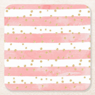 Roze Blush Stripes Faux Gold Confetti Kartonnen Onderzetters