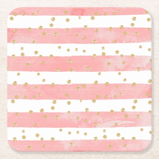 Roze Blush Stripes | Faux Gold Confetti Kartonnen Onderzetters (Voorkant)
