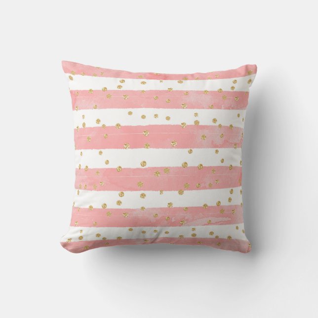 Roze Blush Stripes | Faux Gold Confetti Kussen (Voorkant)