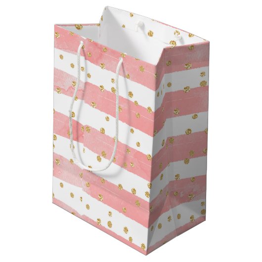 Roze Blush Stripes | Faux Gold Confetti Medium Cadeauzakje (Achterkant Gekanteld)