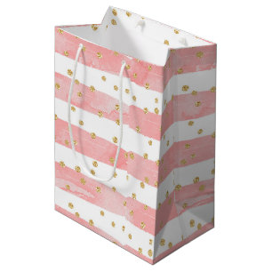 Roze Blush Stripes   Faux Gold Confetti Medium Cadeauzakje