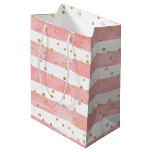 Roze Blush Stripes | Faux Gold Confetti Medium Cadeauzakje (Voorkant Gekanteld)