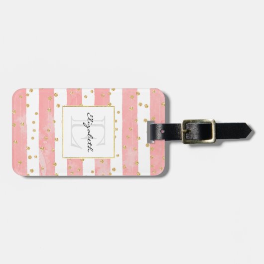 Roze Blush Stripes & Faux Gold Confetti Monogram Bagagelabel (Voorkant horizontaal)