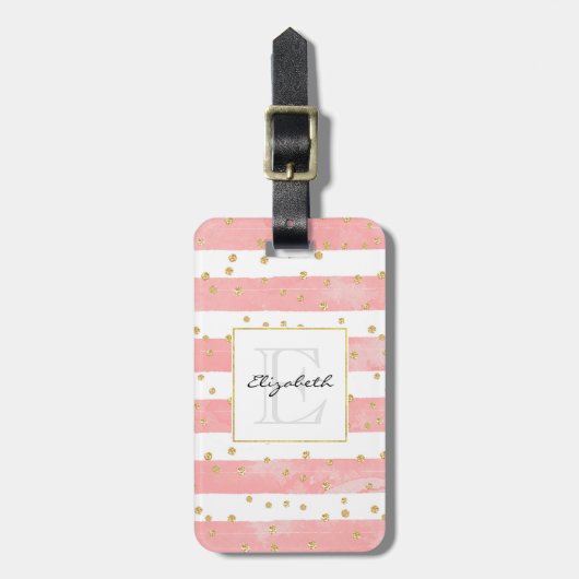 Roze Blush Stripes & Faux Gold Confetti Monogram Bagagelabel (Voorkant verticaal)