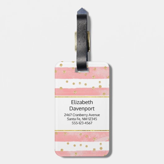 Roze Blush Stripes & Faux Gold Confetti Monogram Bagagelabel (Achterkant verticaal)