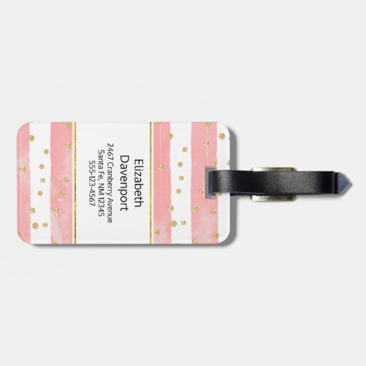 Roze Blush Stripes & Faux Gold Confetti Monogram Bagagelabel (Achterkant horizontaal)