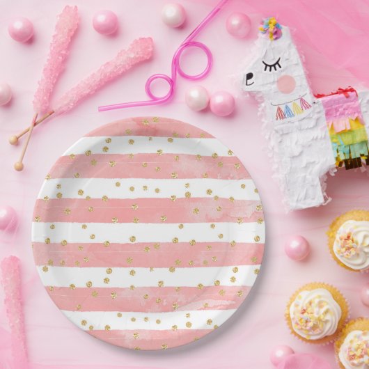 Roze Blush Stripes & Faux Gold Confetti Papieren Bordje (Feest)