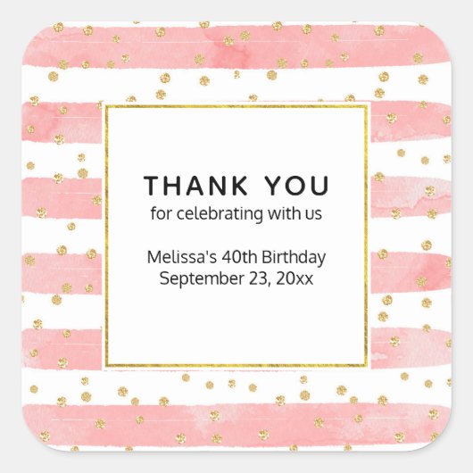 Roze Blush Stripes | Faux Gold Confetti Party Vierkante Sticker (Voorkant)