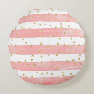 Roze Blush Stripes   Faux Gold Confetti Rond Kussen