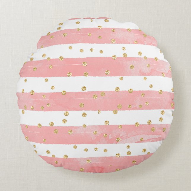 Roze Blush Stripes | Faux Gold Confetti Rond Kussen (Voorkant)