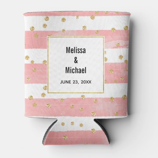 Roze Blush Stripes | Faux Gold Confetti Wedding Blikjeskoeler (Voorkant)