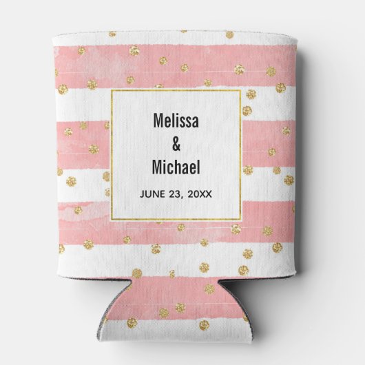 Roze Blush Stripes | Faux Gold Confetti Wedding Blikjeskoeler (Achterkant)