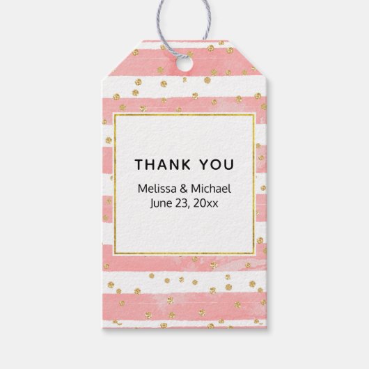 Roze Blush Stripes | Faux Gold Confetti Wedding Cadeaulabel (Voorkant)