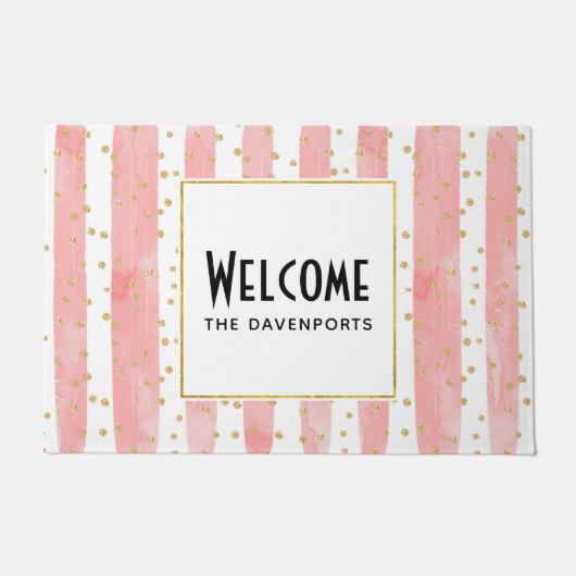 Roze Blush Stripes | Faux Gold Confetti Welkom Deurmat (Voorkant)