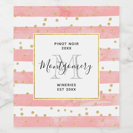 Roze Blush Stripes | Faux Gold Confetti Wine Maker Wijn Etiket (Enkel label)