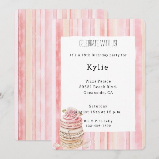 Roze Blush Stripes Macaroon Roos Bloemen Verjaarda Kaart (Voorkant / Achterkant)