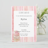 Roze Blush Stripes Macaroon Roos Bloemen Verjaarda Kaart (Staand voorkant)