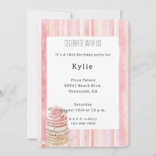 Roze Blush Stripes Macaroon Roos Bloemen Verjaarda Kaart (Voorkant)