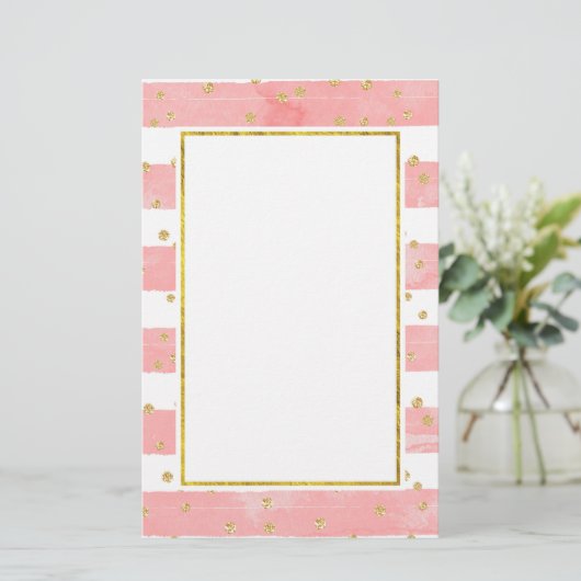 Roze Blush Stripes met Faux Gold Confetti Briefpapier (Staand voorkant)