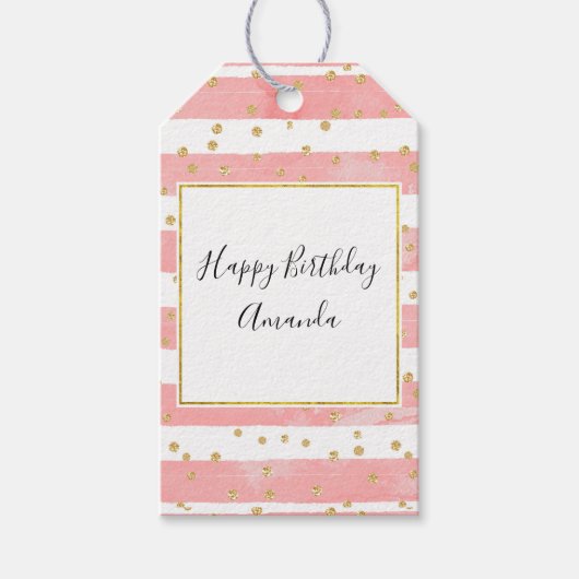 Roze Blush Stripes met Faux Gold Confetti Cadeaulabel (Voorkant)