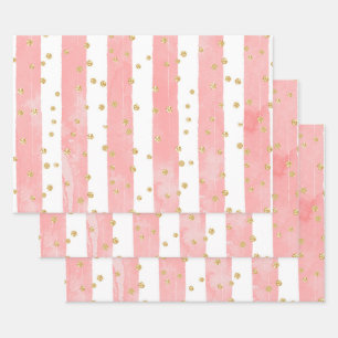 Roze Blush Stripes met Faux Gold Confetti Inpakpapier Vel