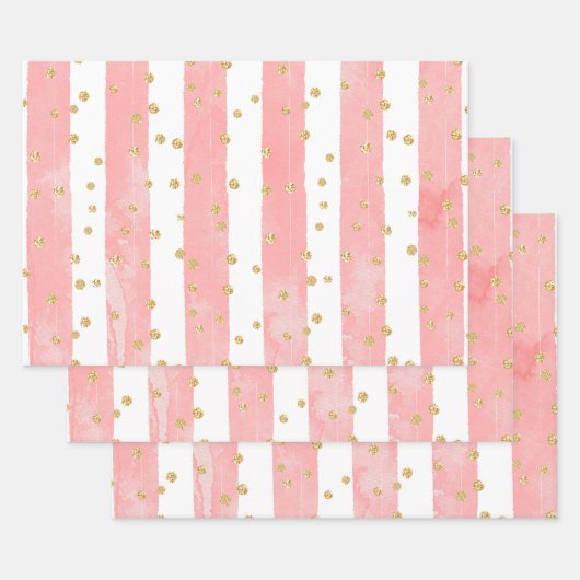 Roze Blush Stripes met Faux Gold Confetti Inpakpapier Vel (Set)