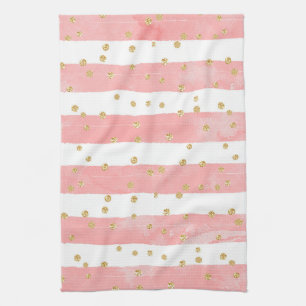 Roze Blush Stripes met Faux Gold Confetti Theedoek