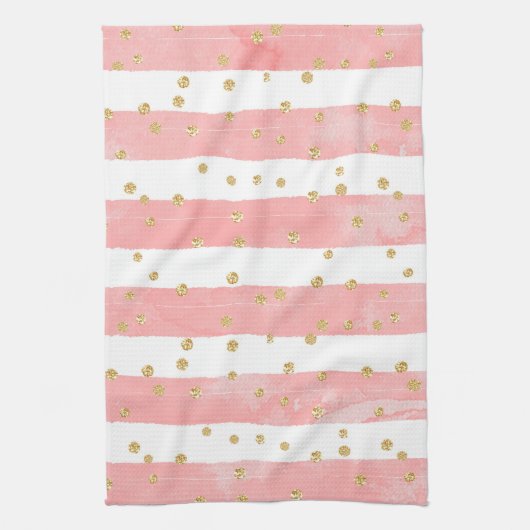 Roze Blush Stripes met Faux Gold Confetti Theedoek (Verticaal)