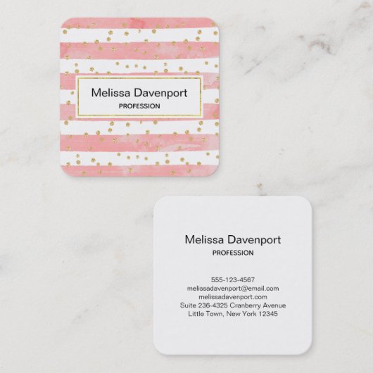 Roze Blush Stripes met Faux Gold Confetti Vierkante Visitekaartje (Voorkant / Achterkant)