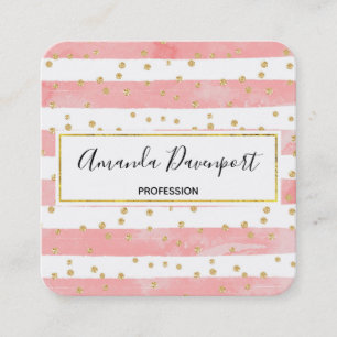 Roze Blush Stripes met Faux Gold Confetti Vierkante Visitekaartje