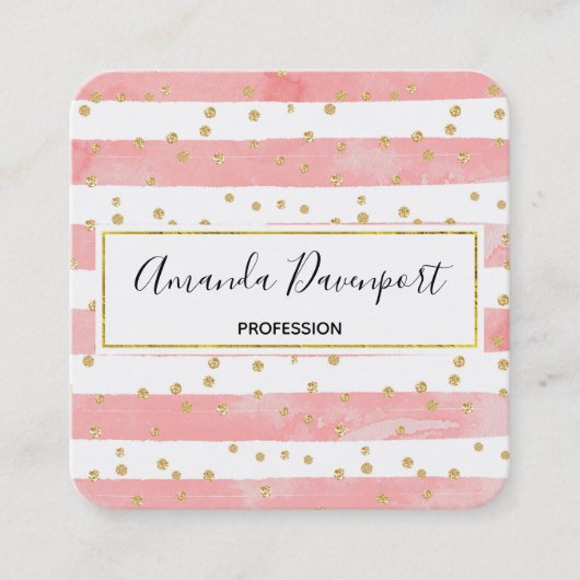Roze Blush Stripes met Faux Gold Confetti Vierkante Visitekaartje (Voorkant)